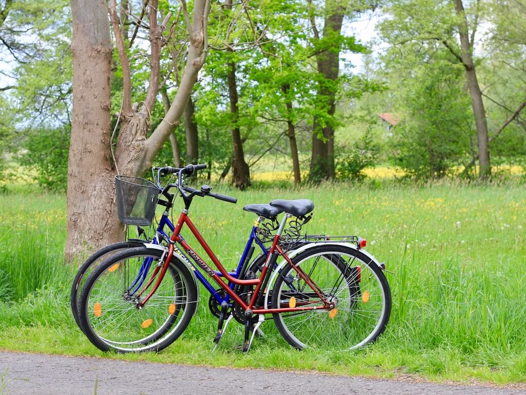 Zwei Fahrräder der Spreewald Pension Spreeaue stehen an einem Fahrradweg in Burg